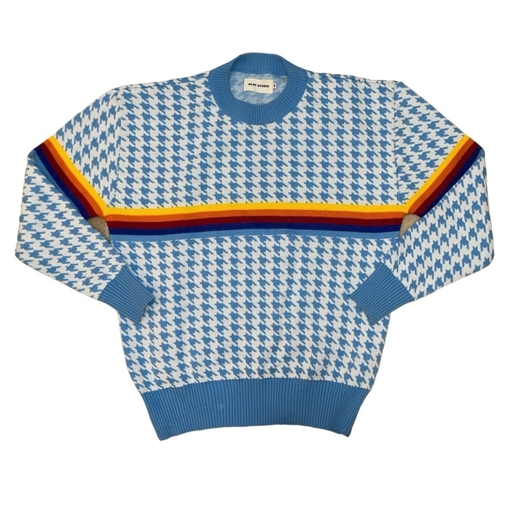 A Lot Studio light blue houndstooth rainbow stripe sweater women’s size medium